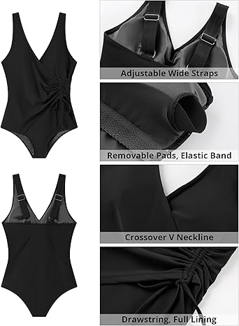 GRAPENT StrapCore One Piece Swimsuit Women V Neck Side Ruched Padded Cute Modest Bathing Suits Swimsuits Beach Vacation Swimwear