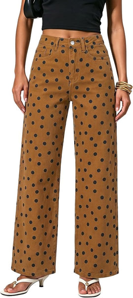 GRAPENT Wide Leg Jeans for Women High Waisted Polka Dot Stretch Denim Pants | Polka Dot, 90s Baggy Straight, High Rise, 29.5 Inch Inseam, Stretchy Jean Pants, Classic 5 Pockets, Business Casual Outfits