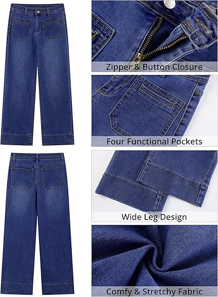 GRAPENT Wide Leg Jeans Woman Trendy High Waisted Patch Pocket Stretchy Denim Pants Vintage Casual Trouser Jeans