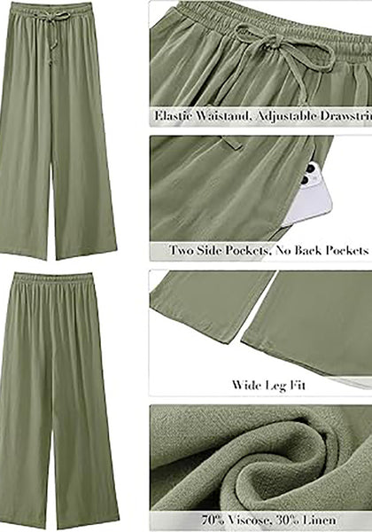 GRAPENT Wide Leg Pants Woman Linen High Waisted Pull On Flowy Casual Baggy Drawstring Palazzo Trousers Pants Resort Wear