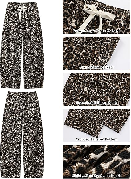 GRAPENT Barrel Jeans for Women Trendy High Waisted Pull On Wide Leg Cropped Leopard Cheetah Print Stretchy Denim Pants