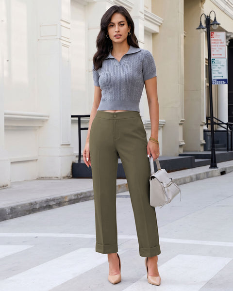 GRAPENT Dress Pants Women Ankle Straight Leg Business Casual Work Trousers Office Pants, Cuffed Hem, High Waisted, Elastic Back Waist, Stretchy Dressy Casual Slacks, Work Wear, Business Casual Outfits