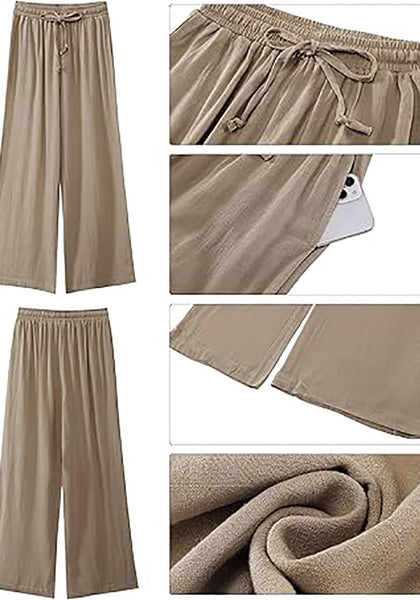 GRAPENT Wide Leg Pants Woman Linen High Waisted Pull On Flowy Casual Baggy Drawstring Palazzo Trousers Pants Resort Wear