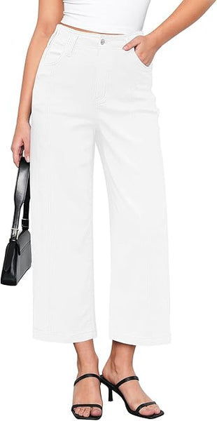 GRAPENT Wide Leg Jeans Woman Trendy Cropped High Waisted Front Seam Casual Stretchy Denim Trouser Jeans with Pockets