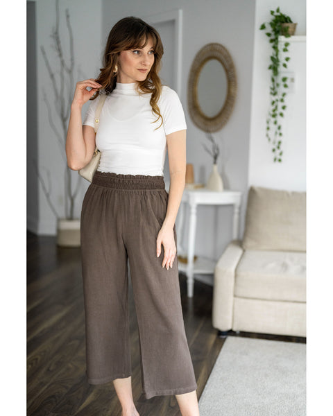 GRAPENT Capri Pants for Women High Waisted Wide Leg Linen Palazzo Trousers Pull On Elastic Smock Waist Loose Flowy Pants