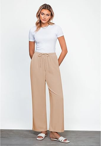 GRAPENT Linen Wide Leg Pants Woman High Waisted Pull On Button Drawstring Baggy Casual Summer Palazzo Pants with Pockets