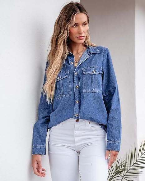 Grapent Women's Supima Cotton Wrinkle-free Relaxed Fit  Button Shirt Workwear-inspired Denim Shirt
