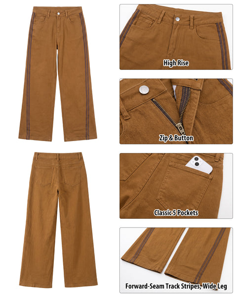 GRAPENT Wide Leg Jeans for Women High Rise Track Stripe Stretch Denim Pants Womens Jeans High Waisted, Full Length, 29.5" Inseam, Classic 5 Pockets, 90s Baggy Style, Country Concert, Work Casual Outfit