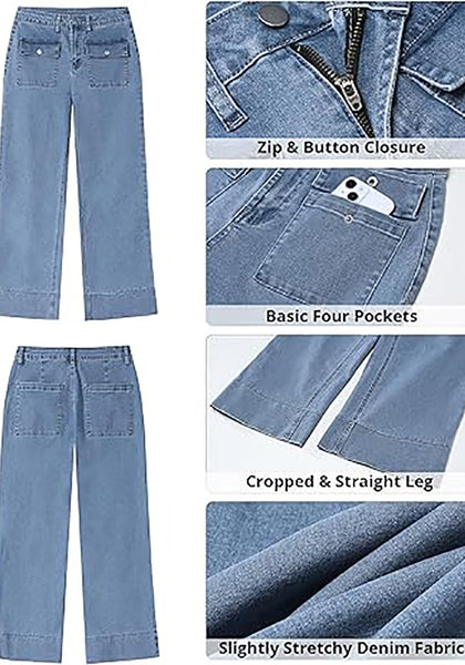 GRAPENT Wide Leg Jeans for Women Trendy High Waisted Straight Leg Cropped Stretchy Denim Pants with Retro Patch Pockets