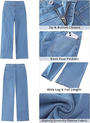 GRAPENT Wide Leg Jeans for Women Trendy High Waisted Loose Straight Leg Stretchy Retro Denim Pants with Pouch Pockets