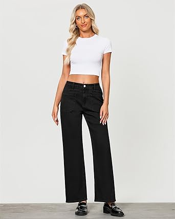 GRAPENT Wide Leg Jeans for Women Trendy High Waisted Loose Straight Leg Stretchy Retro Denim Pants with Pouch Pockets
