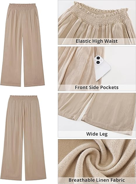 GRAPENT Linen Pants for Women Wide Leg High Waisted Paper Bag Smocked Waist Casual Summer Beach Vacation Palazzo Pants