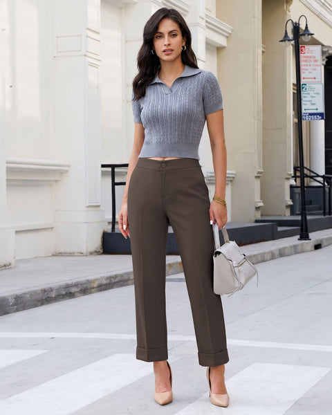 GRAPENT Dress Pants Women Ankle Straight Leg Business Casual Work Trousers Office Pants, Cuffed Hem, High Waisted, Elastic Back Waist, Stretchy Dressy Casual Slacks, Work Wear, Business Casual Outfits