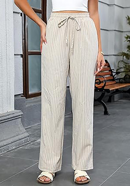 GRAPENT Striped Pants for Women High Waisted Wide Leg Cotton Linen Trendy Beach Pull on Elastic Waist Casual Flowy Pants