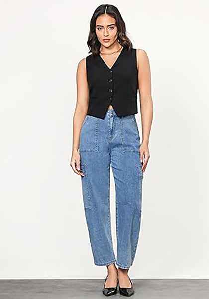 GRAPENT Barrel Jeans for Women Trendy High Waisted Cropped Cargo Pocket Baggy Stretch Denim Pants Wide Leg Tapered Jeans