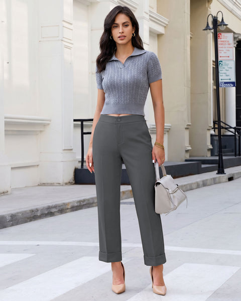 GRAPENT Dress Pants Women Ankle Straight Leg Business Casual Work Trousers Office Pants, Cuffed Hem, High Waisted, Elastic Back Waist, Stretchy Dressy Casual Slacks, Work Wear, Business Casual Outfits