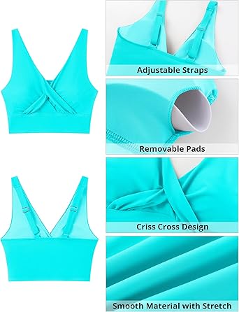 GRAPENT StrapCore Bikini Top for Women Cropped Tankini Tops Beach Vacation Criss Cross Ruched Padded Bathing Suit Swim Top Only