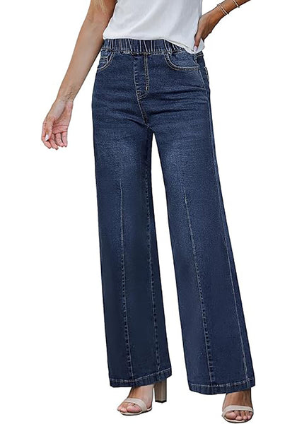 GRAPENT Pull On Womens Jeans Baggy Stretchy High Waisted Denim Wide Leg Trouser Pants Trendy Front Seam 90s Loose Jean