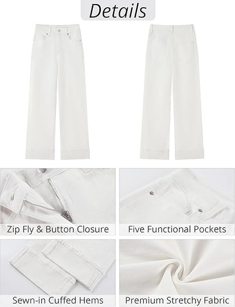 GRAPENT Wide Leg Jeans for Women Trendy High Waisted Cuffed Hem Stretchy Denim Trousers Pants Work Casual Jeans