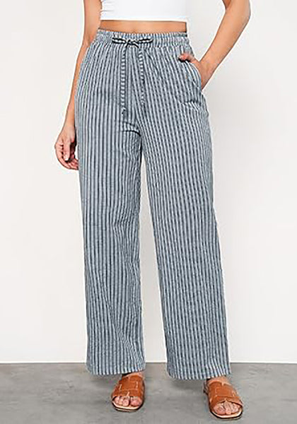 GRAPENT Striped Pants for Women High Waisted Wide Leg Cotton Linen Trendy Beach Pull on Elastic Waist Casual Flowy Pants