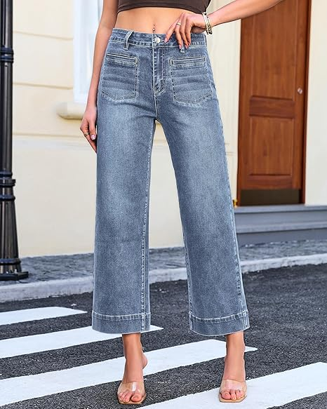 GRAPENT Wide Leg Jeans for Women Cropped High Waisted Trendy Patch Pocket Baggy Loose Straight Leg Stretchy Denim Pants