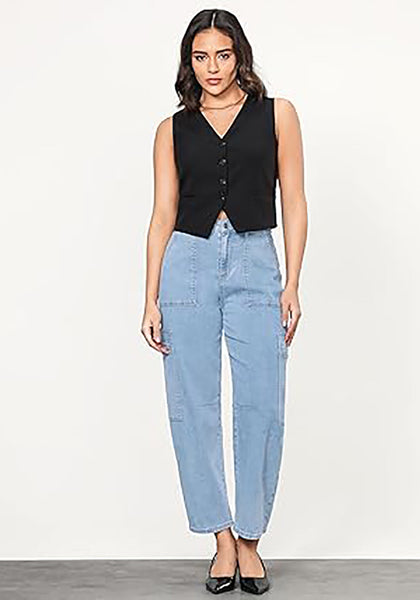 GRAPENT Barrel Jeans for Women Trendy High Waisted Cropped Cargo Pocket Baggy Stretch Denim Pants Wide Leg Tapered Jeans
