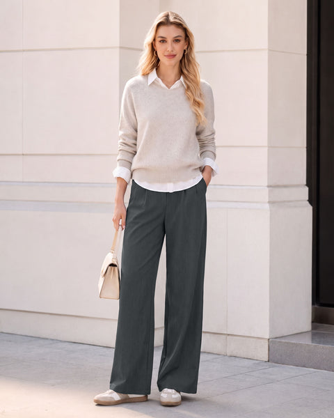 GRAPENT Dress Pants Women Wide Leg Business Casual Pull On Work Trousers | Pull On Closure, High Waisted, Elastic Back Waist, Front Pleated, Dressy Casual Pants, Office Wear, Business Casual Outfits