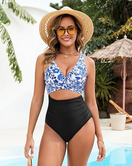 GPAPENT StrapCore One Piece Swimsuit Women V Neck Cross Front Cut Out Printed Color Block Ruched High Waisted Bathing Suits Swimwear