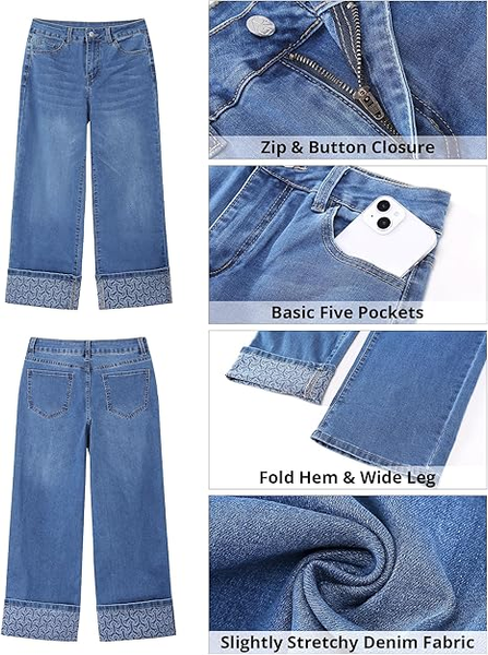 Grapent Women's High Waisted Cropped Wide Leg Jeans Trendy Printed Design Fold Hem Loose Straight Leg Stretchy Denim Pants Casual Daily Fashion Trousers