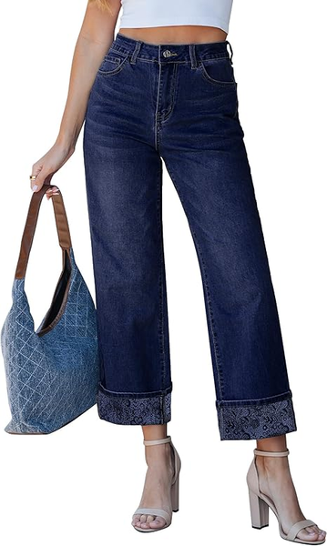 Grapent Women's High Waisted Cropped Wide Leg Jeans Trendy Printed Design Fold Hem Loose Straight Leg Stretchy Denim Pants Casual Daily Fashion Trousers