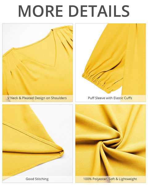 GRAPENT Business Casual Tops for Women Work Blouses Dressy Short Puff Sleeve Office Pleated V Neck Trendy Summer Blouse