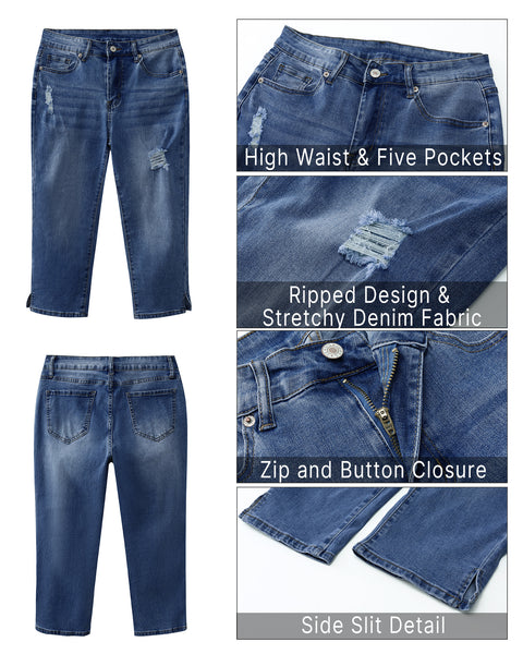 GRAPENT Capris Jeans for Women High Waisted Stretchy Ripped Skinny Denim Capri Pants Distressed Cropped Jeggings Casual
