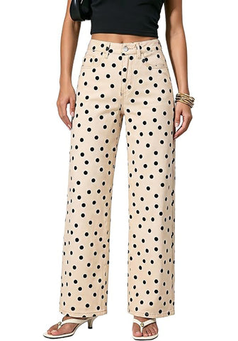 GRAPENT Wide Leg Jeans for Women High Waisted Polka Dot Stretch Denim Pants | Polka Dot, 90s Baggy Straight, High Rise, 29.5 Inch Inseam, Stretchy Jean Pants, Classic 5 Pockets, Business Casual Outfits