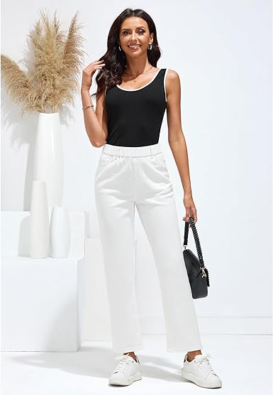 GRAPENT Cream White Women's High Rise Straight Denim Pull On Pant Jean Casual Wear