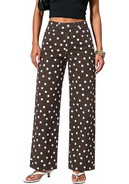 GRAPENT Wide Leg Jeans for Women High Waisted Polka Dot Stretch Denim Pants | Polka Dot, 90s Baggy Straight, High Rise, 29.5 Inch Inseam, Stretchy Jean Pants, Classic 5 Pockets, Business Casual Outfits