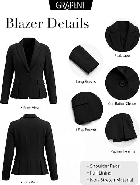 GRAPENT Womens Blazers Dressy Casual Tailored Fitted Peplum Work Office Suit Jacket Tailored Silhouette with Peplum Design, Long Sleeves, Built‑in Shoulder Pads, Great for Daily, Business Casual or Office Wear