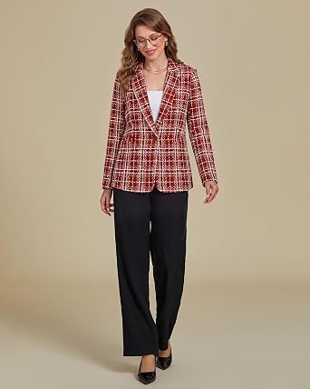 GRAPENT Tweed Blazers for Women Plaid Jacket Long Sleeve Work Casual Blazer Notched Lapel, Fully Lined, Shoulder Pads, Single Button, 2 Pockets, Interview, Office outfits, Business Casual Blazers