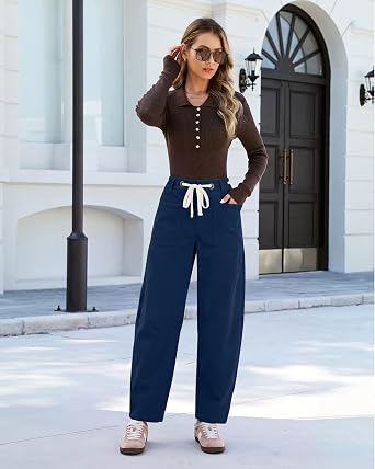 GRAPENT Barrel Corduroy Pants for Women High Waisted Ankle Casual Trousers Barrel Leg, Button-Zip, Elastic Back Waist, Stretchy, Drawstring Waist with Metal Eyelet, Fall Winter Pants, Casual Outfits