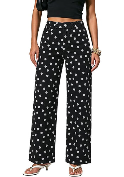 GRAPENT Wide Leg Jeans for Women High Waisted Polka Dot Stretch Denim Pants | Polka Dot, 90s Baggy Straight, High Rise, 29.5 Inch Inseam, Stretchy Jean Pants, Classic 5 Pockets, Business Casual Outfits
