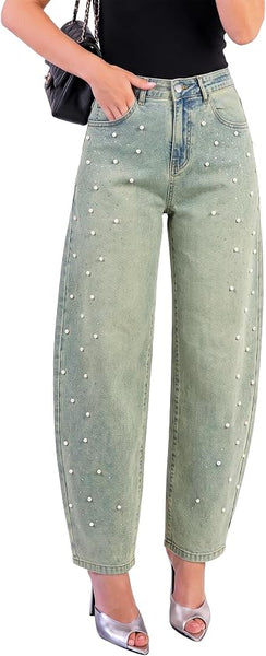 GRAPENT Barrel Jeans Women Rhinestone Pearl Embellished Sparkly Denim Pants High Waisted Jeans, Barrel Leg, Rhinestone and Pearl Embellished, Stretchy Denim Fabric, 29'' Inseam, Trendy, Dressy Casual