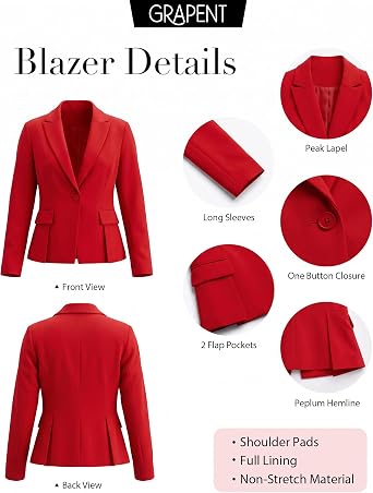 GRAPENT Womens Blazers Dressy Casual Tailored Fitted Peplum Work Office Suit Jacket Tailored Silhouette with Peplum Design, Long Sleeves, Built‑in Shoulder Pads, Great for Daily, Business Casual or Office Wear