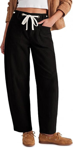GRAPENT Barrel Corduroy Pants for Women High Waisted Ankle Casual Trousers Barrel Leg, Button-Zip, Elastic Back Waist, Stretchy, Drawstring Waist with Metal Eyelet, Fall Winter Pants, Casual Outfits