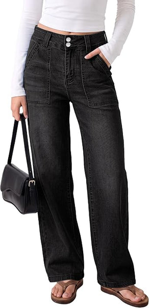 GRAPENT Straight Leg Jeans for Women High Waisted Dual Buttons Denim Pants Soft Stretchy Denim Jeans, Straight Wide Leg, High Rise Fit, Full Length, 29.5" Inseam, Big Pockets, Work Casual, Daily Wear