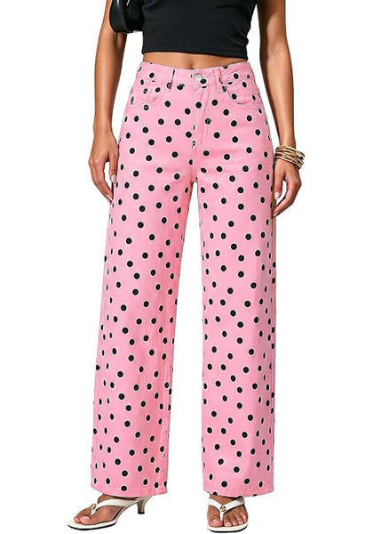 GRAPENT Wide Leg Jeans for Women High Waisted Polka Dot Stretch Denim Pants | Polka Dot, 90s Baggy Straight, High Rise, 29.5 Inch Inseam, Stretchy Jean Pants, Classic 5 Pockets, Business Casual Outfits