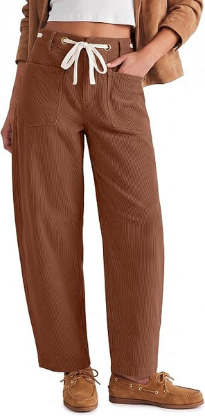 GRAPENT Barrel Corduroy Pants for Women High Waisted Ankle Casual Trousers Barrel Leg, Button-Zip, Elastic Back Waist, Stretchy, Drawstring Waist with Metal Eyelet, Fall Winter Pants, Casual Outfits