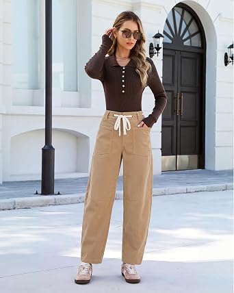 GRAPENT Barrel Corduroy Pants for Women High Waisted Ankle Casual Trousers Barrel Leg, Button-Zip, Elastic Back Waist, Stretchy, Drawstring Waist with Metal Eyelet, Fall Winter Pants, Casual Outfits