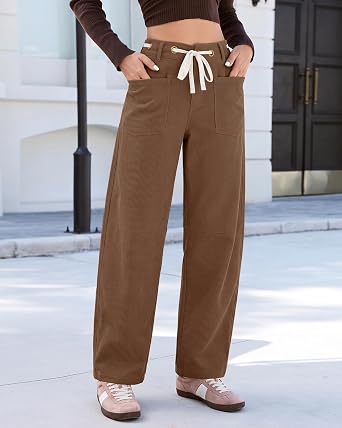 GRAPENT Barrel Corduroy Pants for Women High Waisted Ankle Casual Trousers Barrel Leg, Button-Zip, Elastic Back Waist, Stretchy, Drawstring Waist with Metal Eyelet, Fall Winter Pants, Casual Outfits