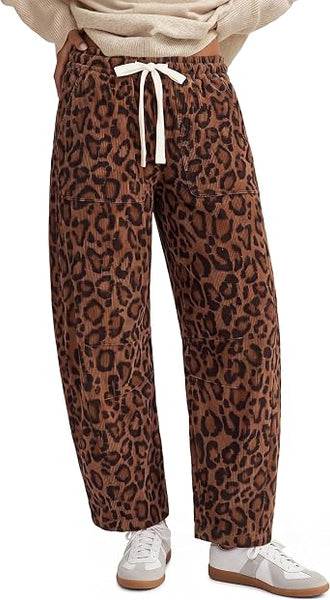 GRAPENT Womens Barrel Corduroy Pants Leopard Cheetah Elastic Waist Trousers Pull On Pants, Barrel Leg, Ankle Length, High Waist with Drawstring, Relaxed Fit, Comfy Fall Winter Pants, Casual Outfits