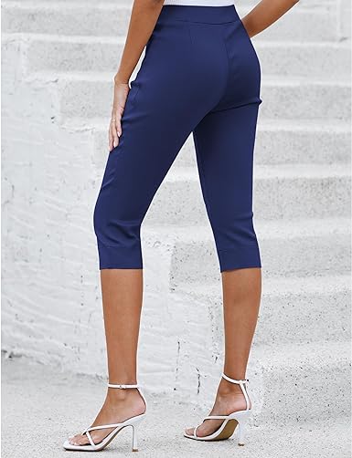 GRAPENT Capri Pants for Women High Waisted Pull On Elastic Waist Dressy Casual Stretchy Capris Trousers Pants Pockets