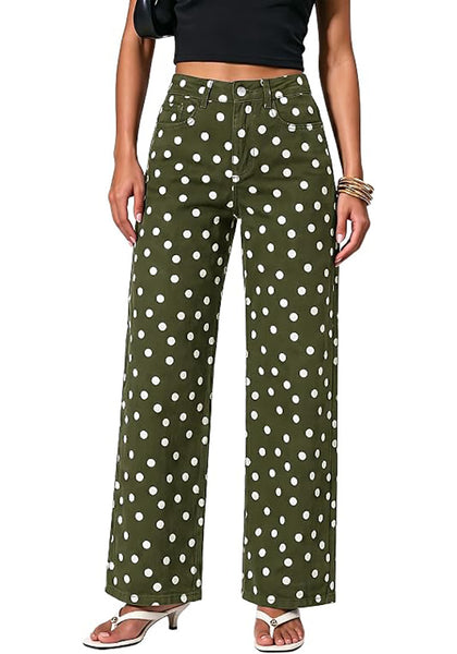 GRAPENT Wide Leg Jeans for Women High Waisted Polka Dot Stretch Denim Pants | Polka Dot, 90s Baggy Straight, High Rise, 29.5 Inch Inseam, Stretchy Jean Pants, Classic 5 Pockets, Business Casual Outfits